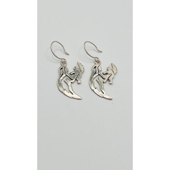 Sterling Silver 925 Dangle Hook Earrings Religious Mary And Jesus Child Angel GS - Picture 1 of 5